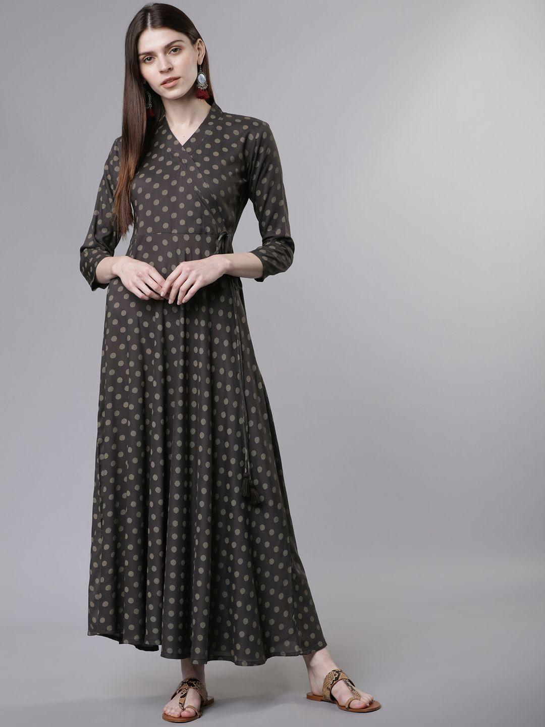 vishudh women charcoal grey printed fit and flare ethnic dress