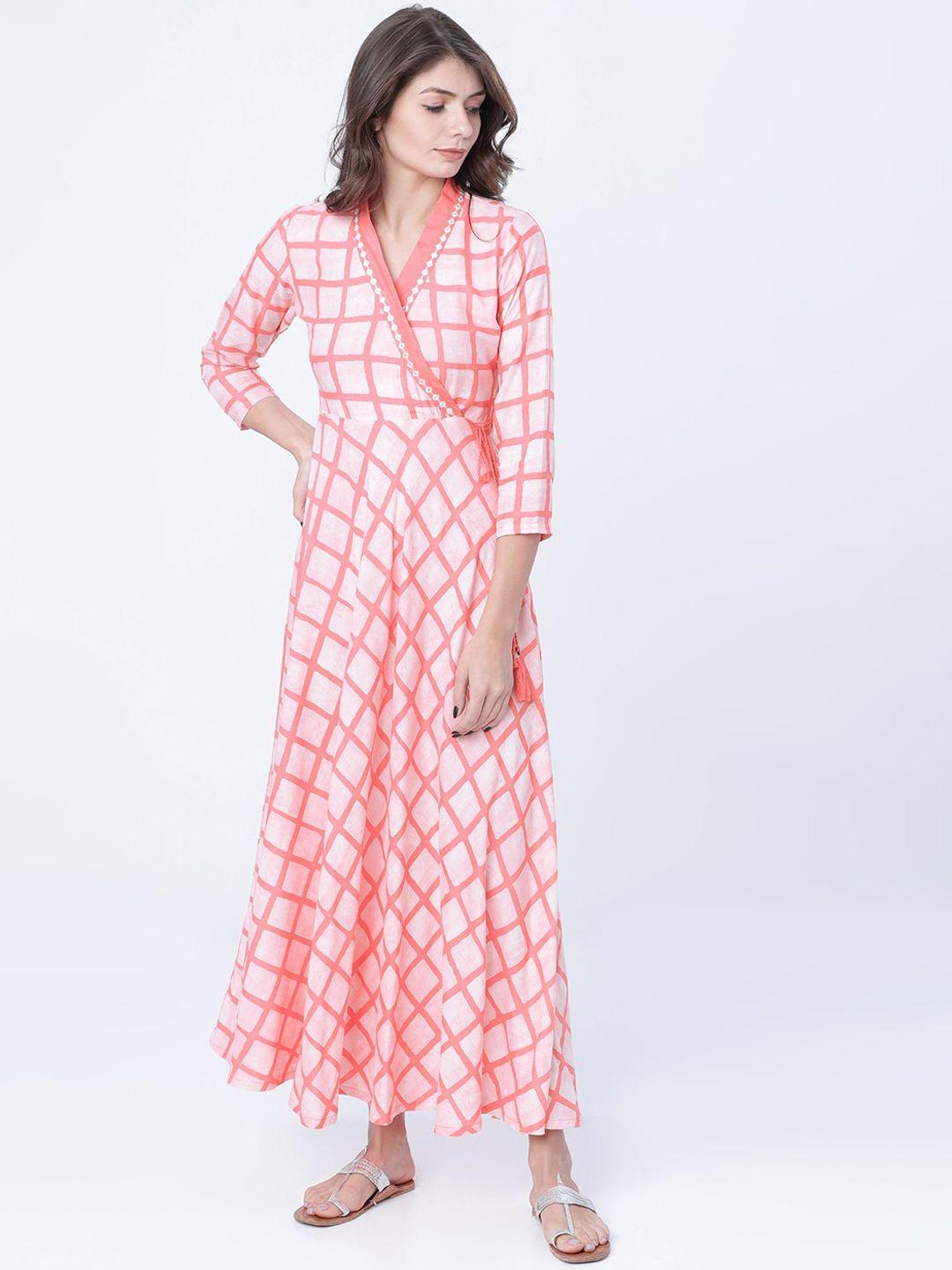 vishudh women cream and pink checked maxi dress