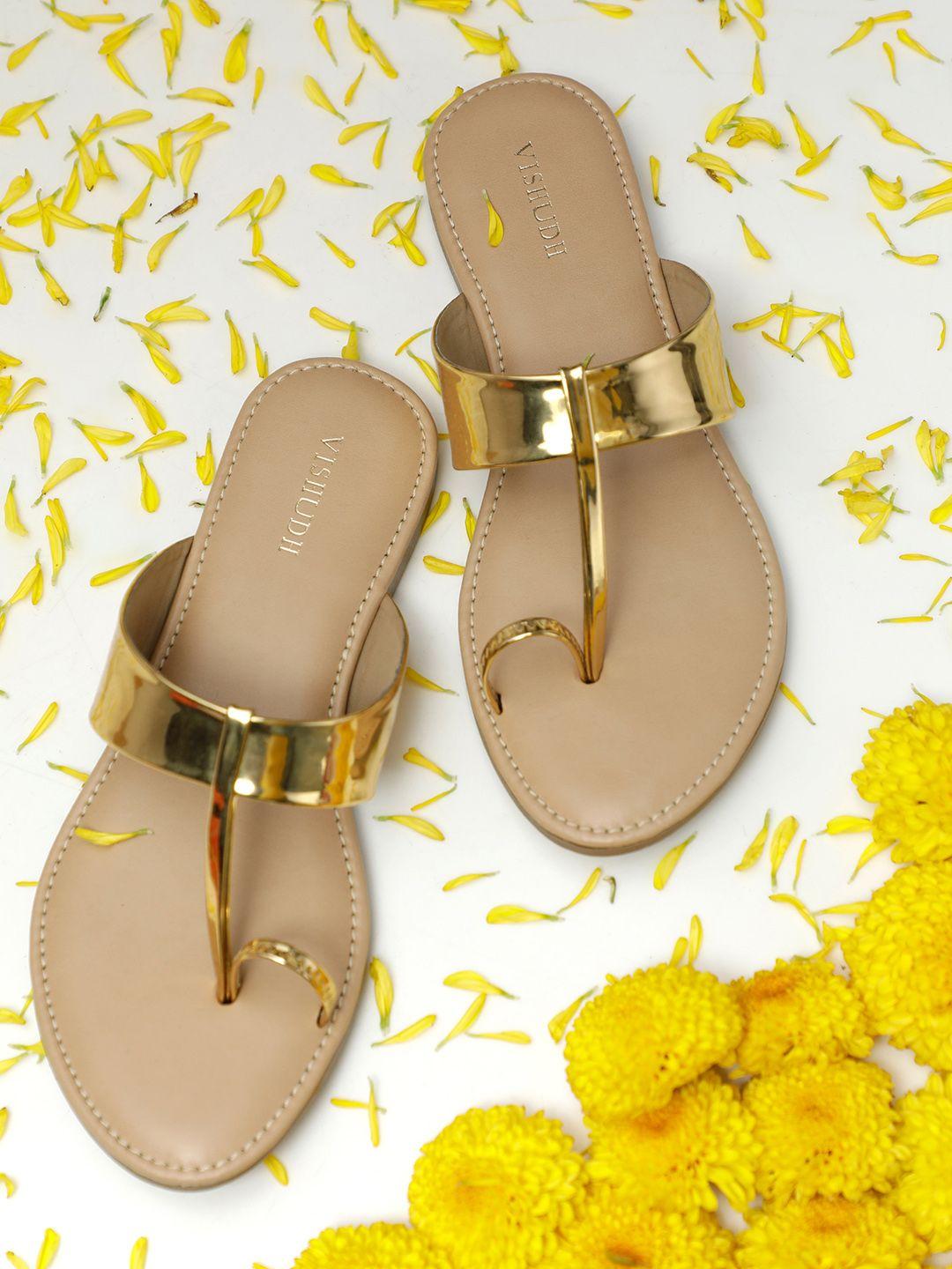 vishudh women gold-toned solid one toe flats