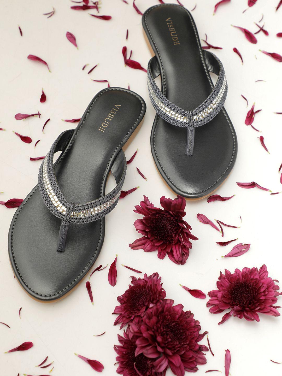 vishudh women grey embellished open toe flats