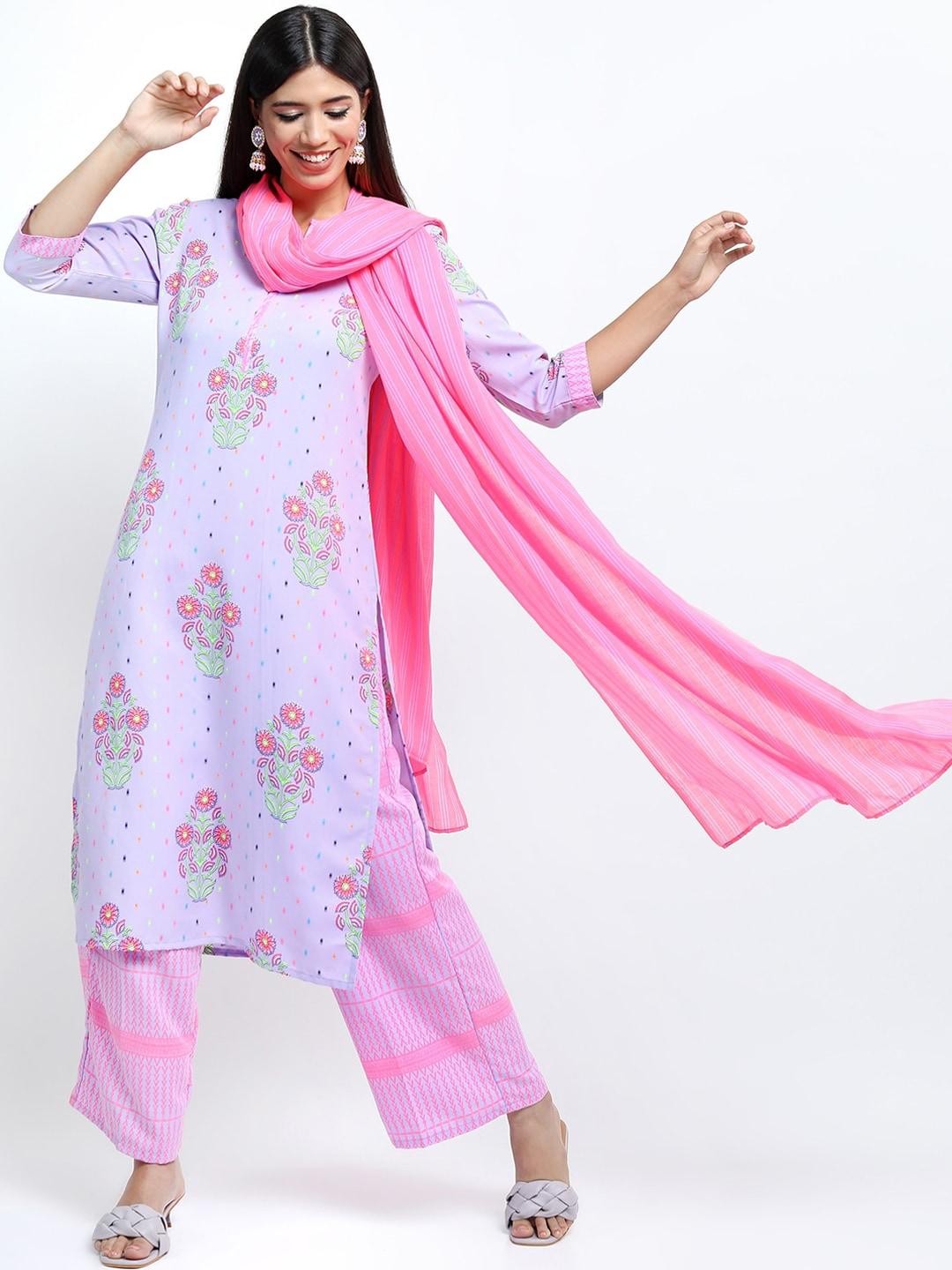 vishudh women lavender & pink ethnic motifs printed kurta with palazzos & dupatta