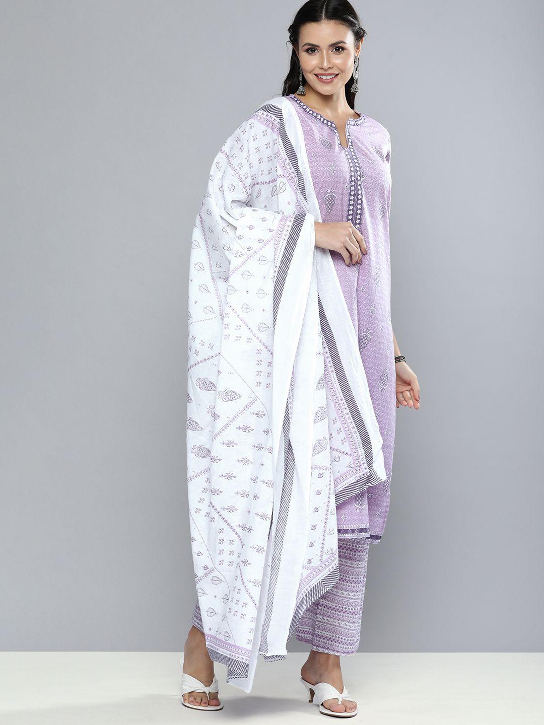 vishudh women lavender & white printed kurta with palazzos & dupatta