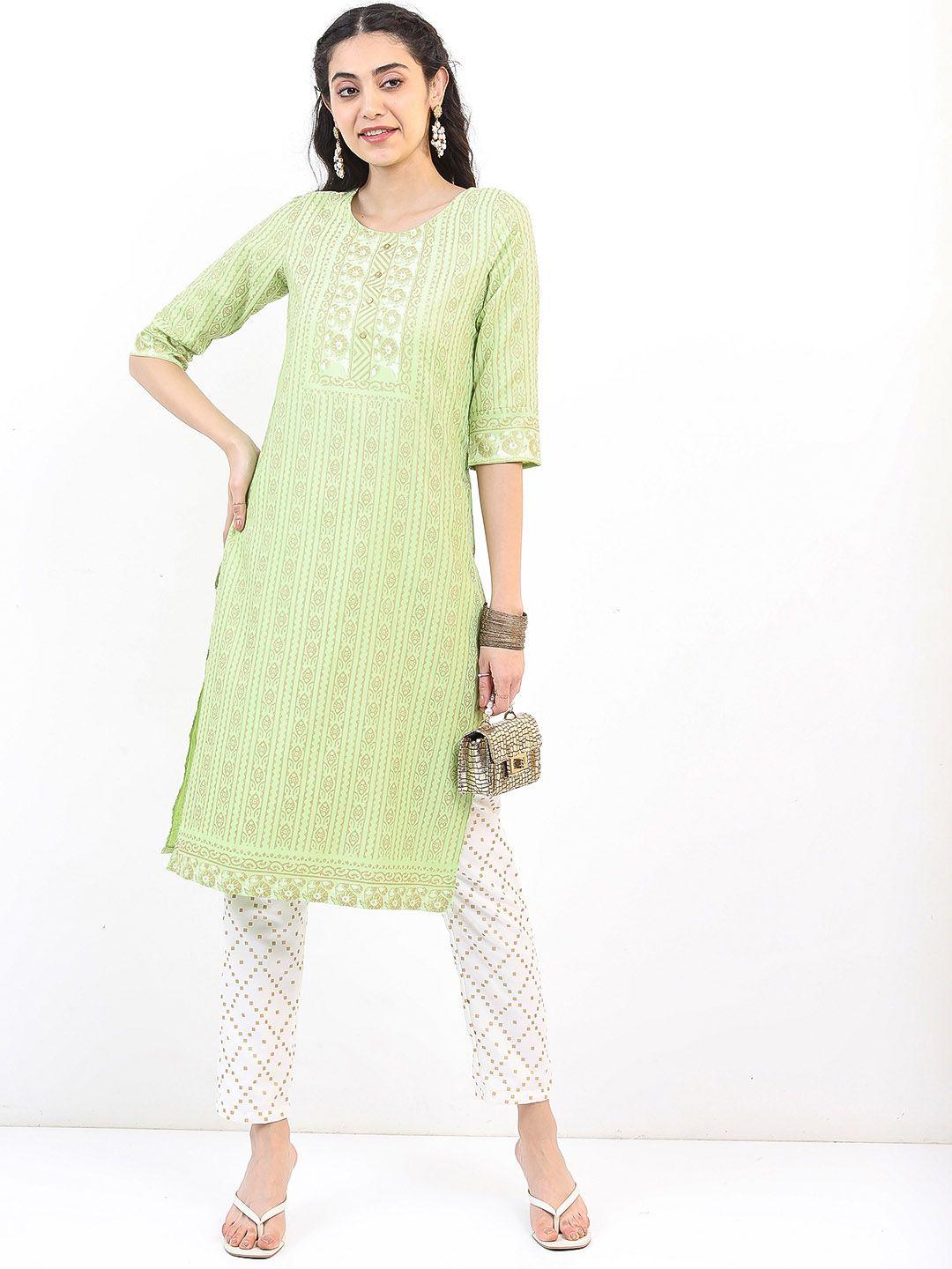 vishudh women lime green & white ethnic motifs printed kurta