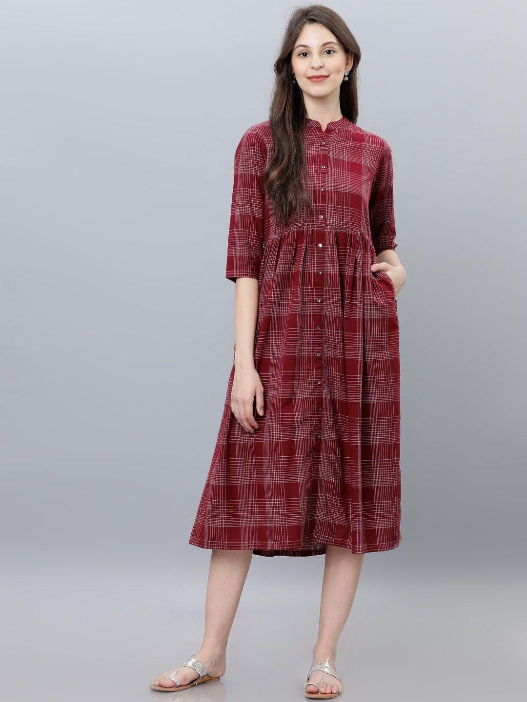 vishudh women maroon checked fit and flare dress