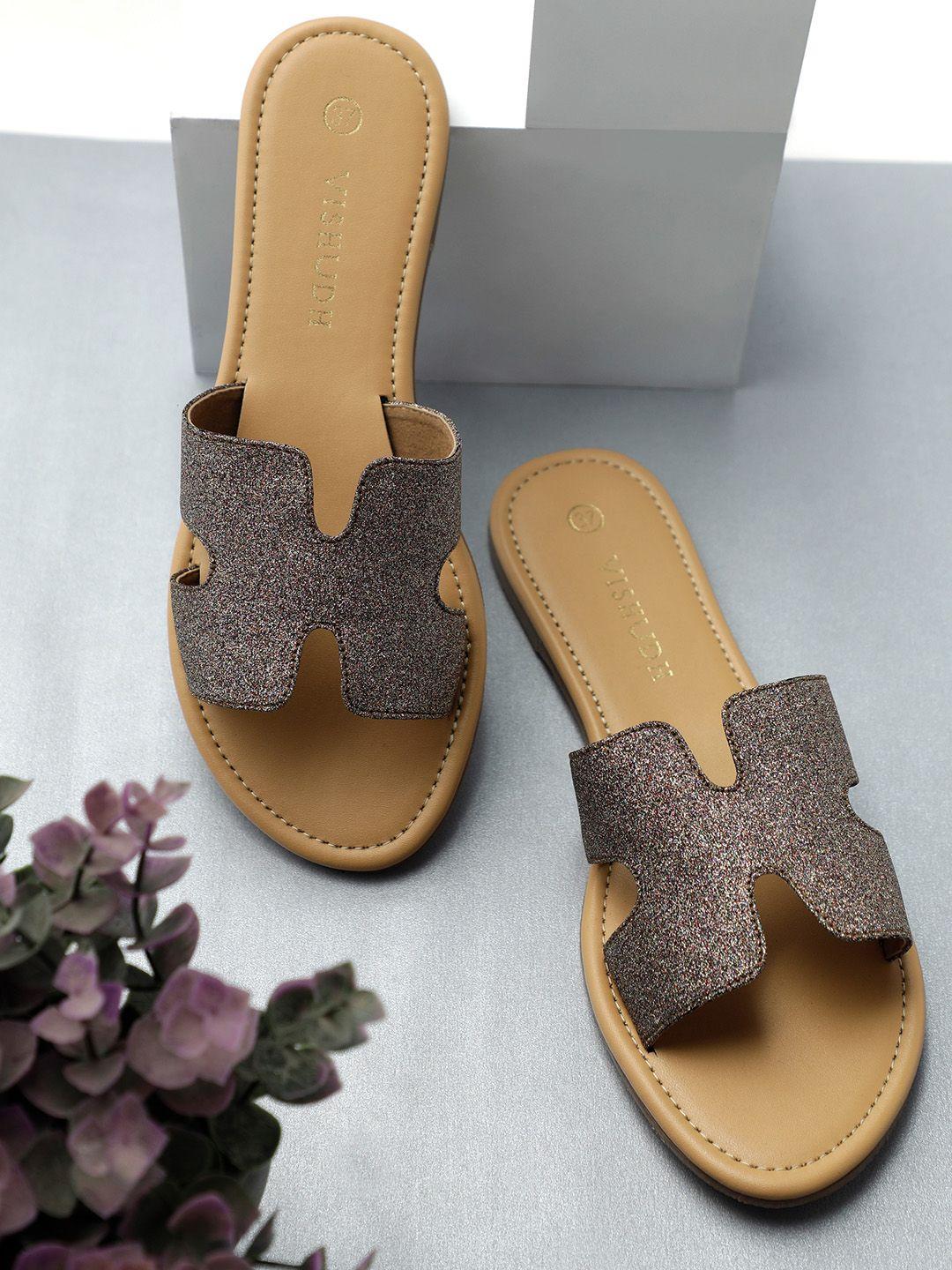 vishudh women mettalic-toned textured open toe flats