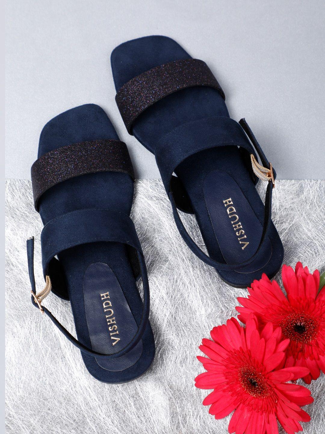 vishudh women navy blue embellished open toe flats