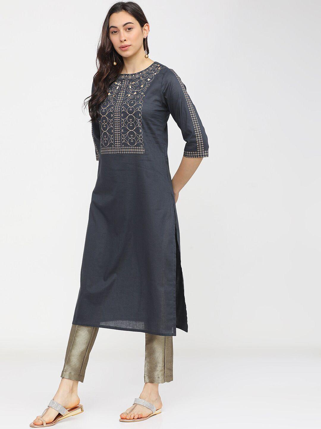 vishudh women navy blue ethnic motifs yoke design flared sleeves mirror work kurta