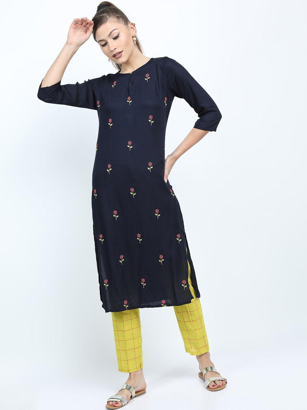 vishudh women navy blue floral embroidered kurta with trousers