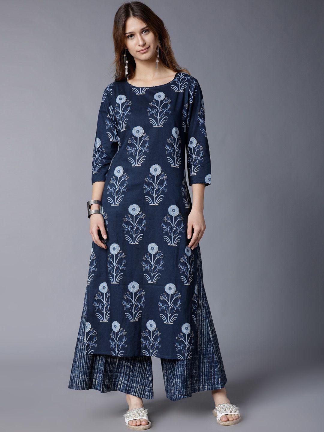 vishudh women navy blue printed kurta with palazzos