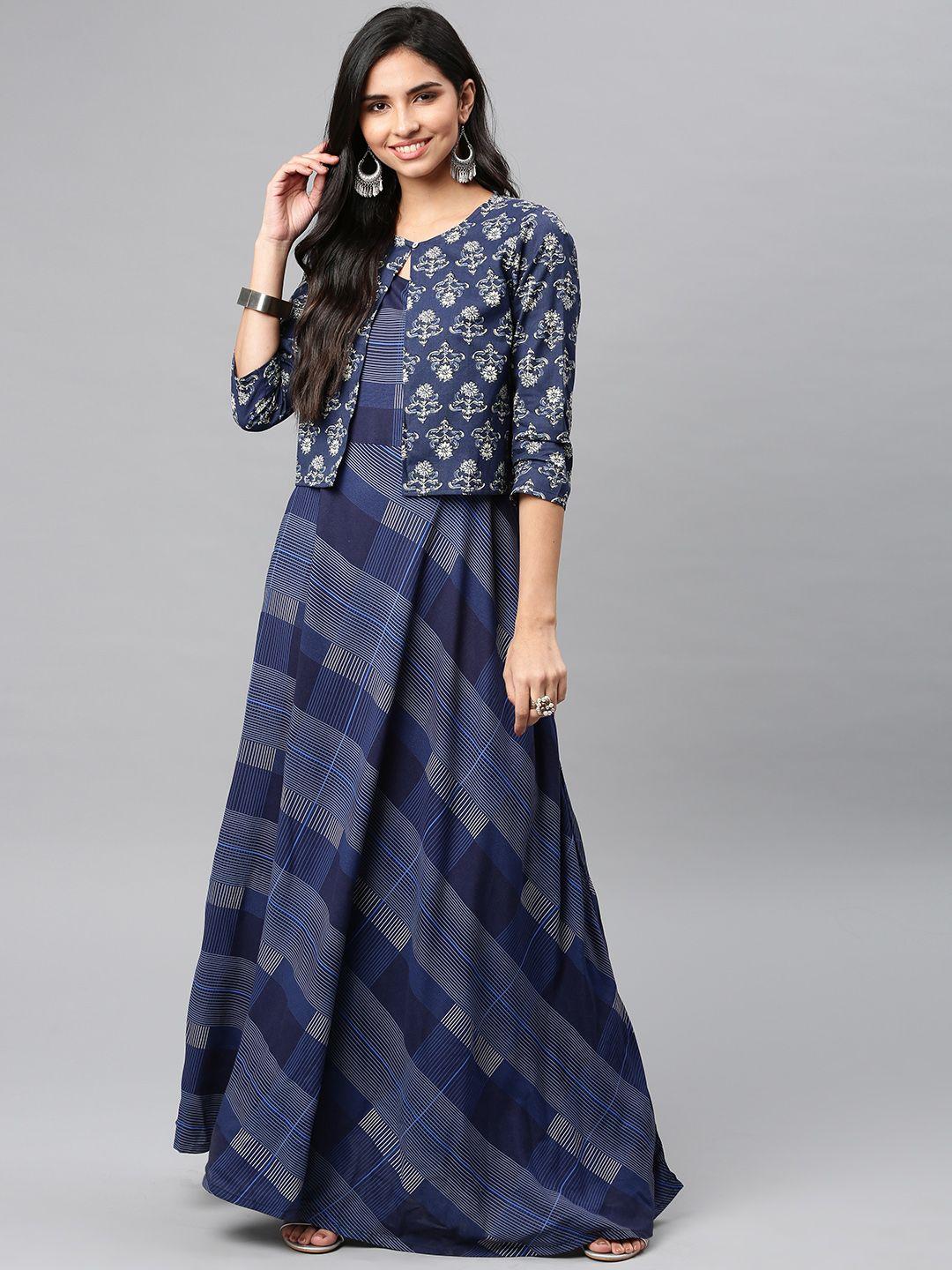 vishudh women navy blue printed maxi dress with shrug