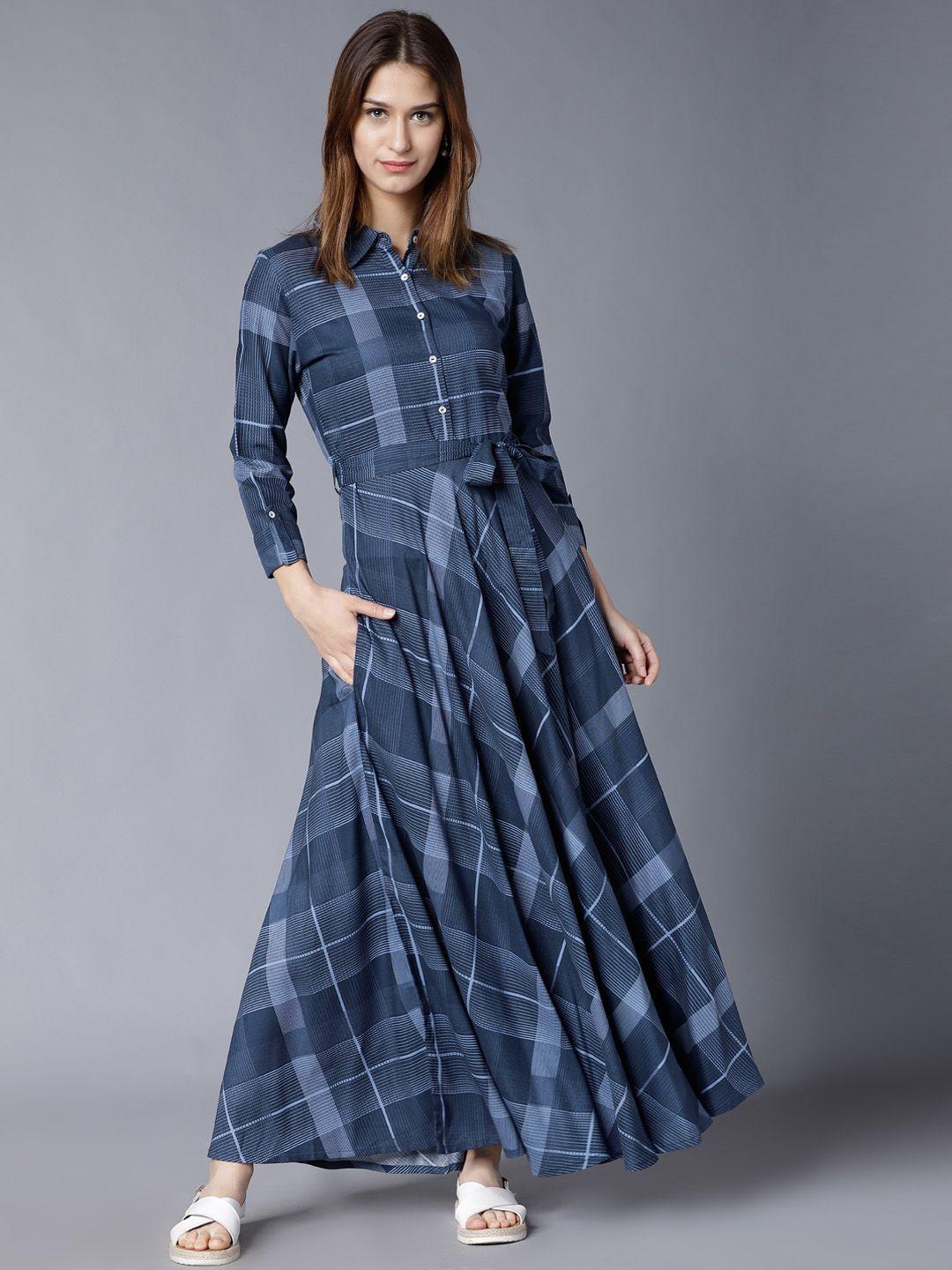 vishudh women navy blue printed maxi dress