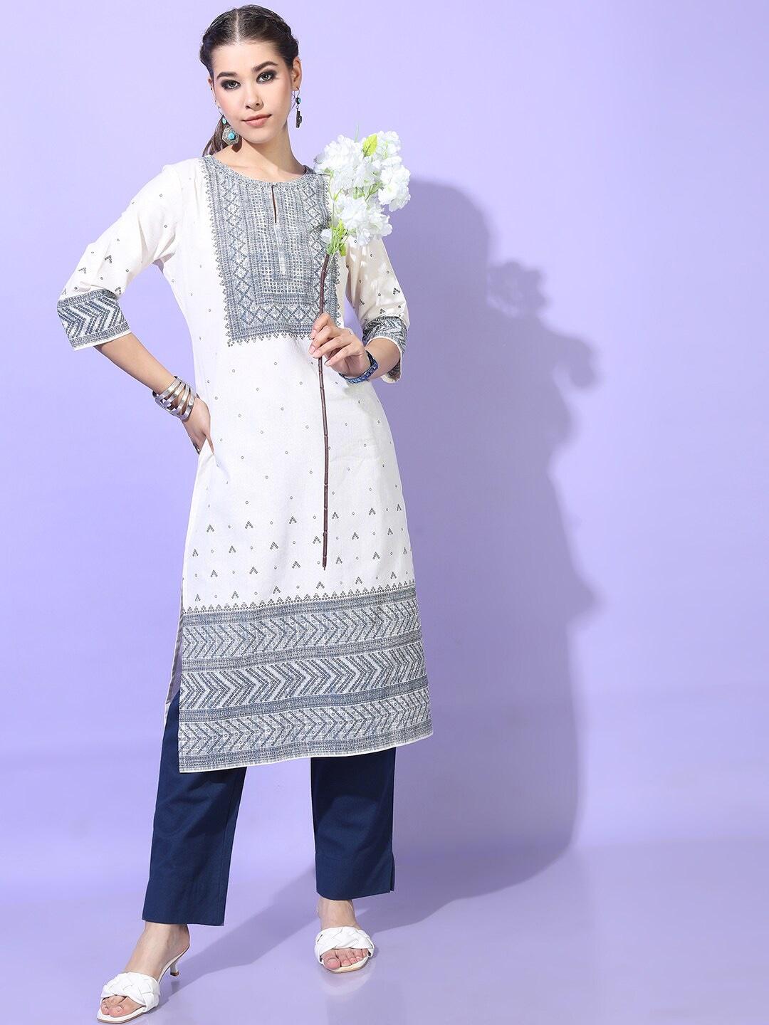 vishudh women off-white & blue geometric printed cotton straight kurta