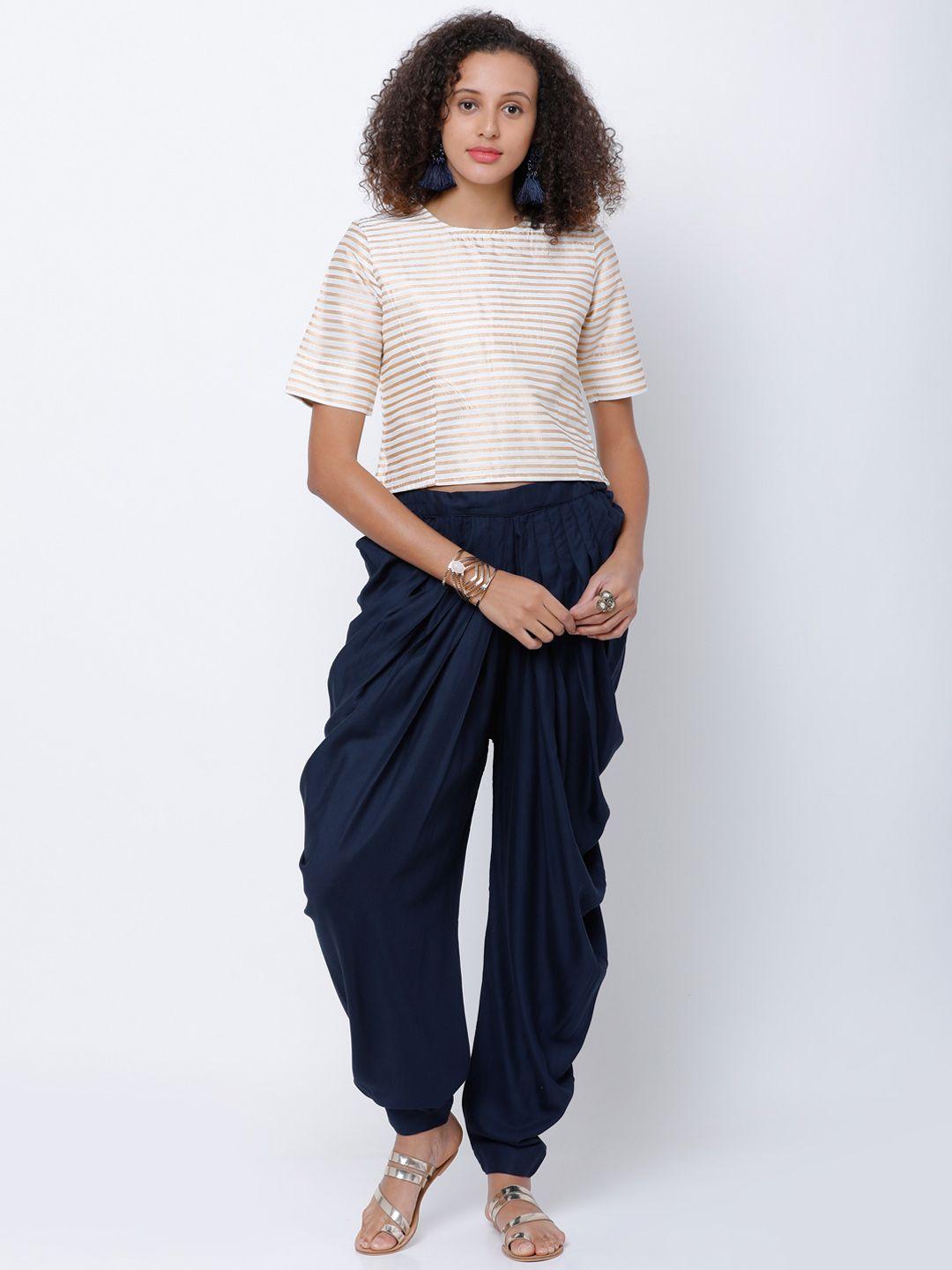 vishudh women off-white & navy blue printed top with trousers