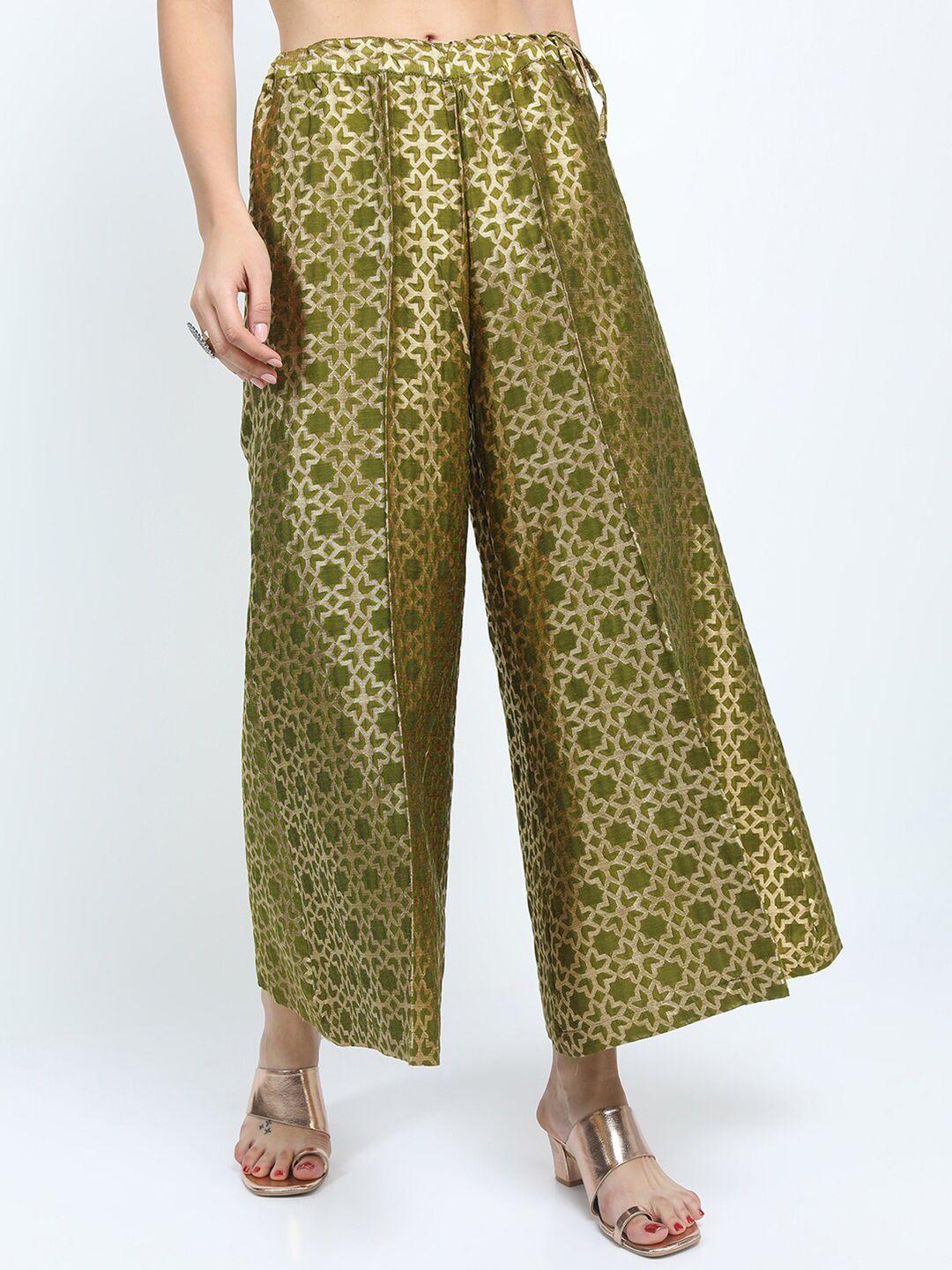 vishudh women olive green & gold-toned ethnic motifs printed straight palazzos