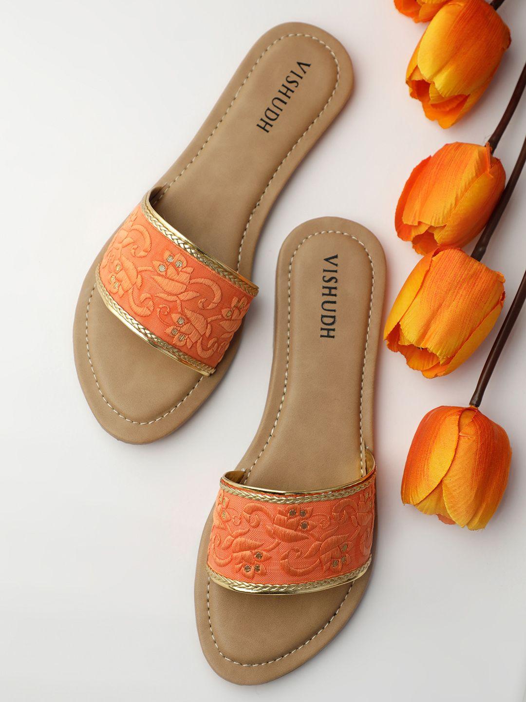 vishudh women peach-coloured embellished open toe flats