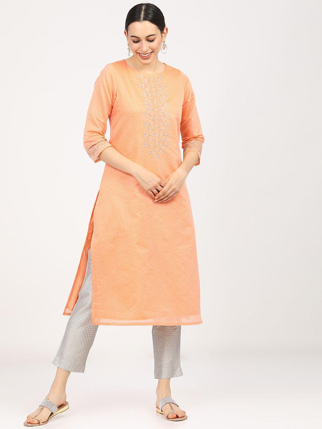vishudh women peach-coloured embroidered straight kurta