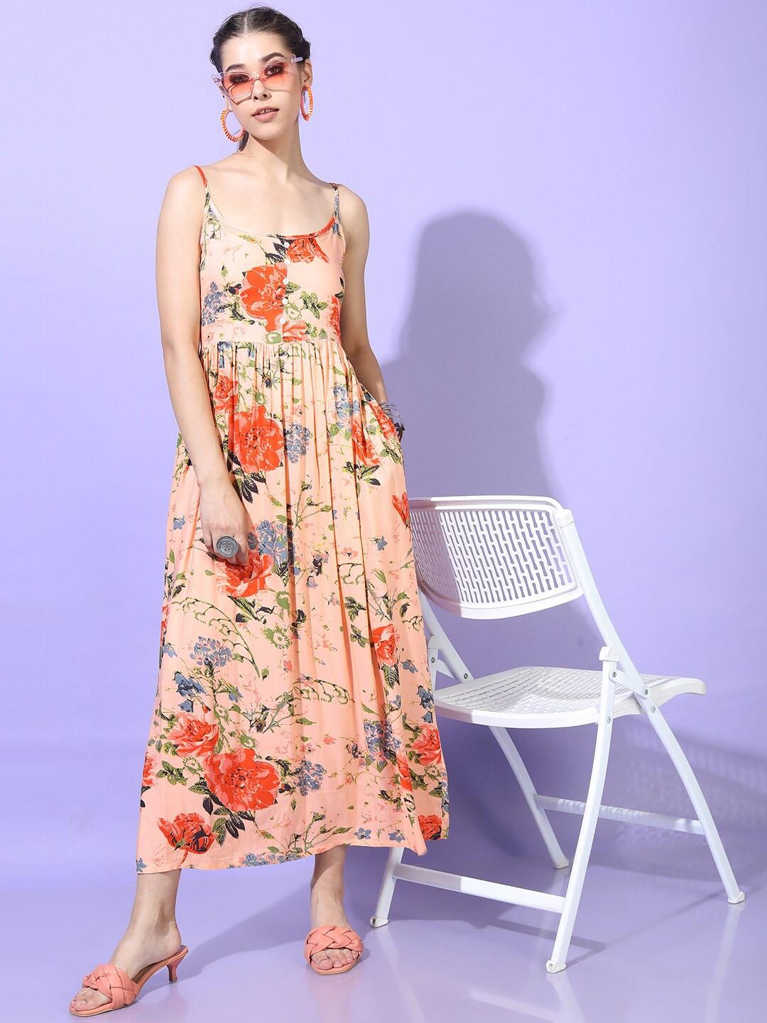 vishudh women peach-coloured floral print maxi dress