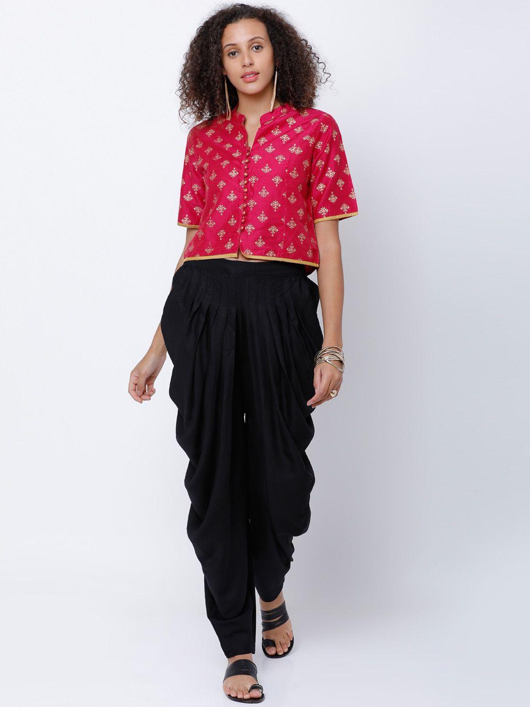 vishudh-women-pink-&-black-printed-top-with-dhoti-pants