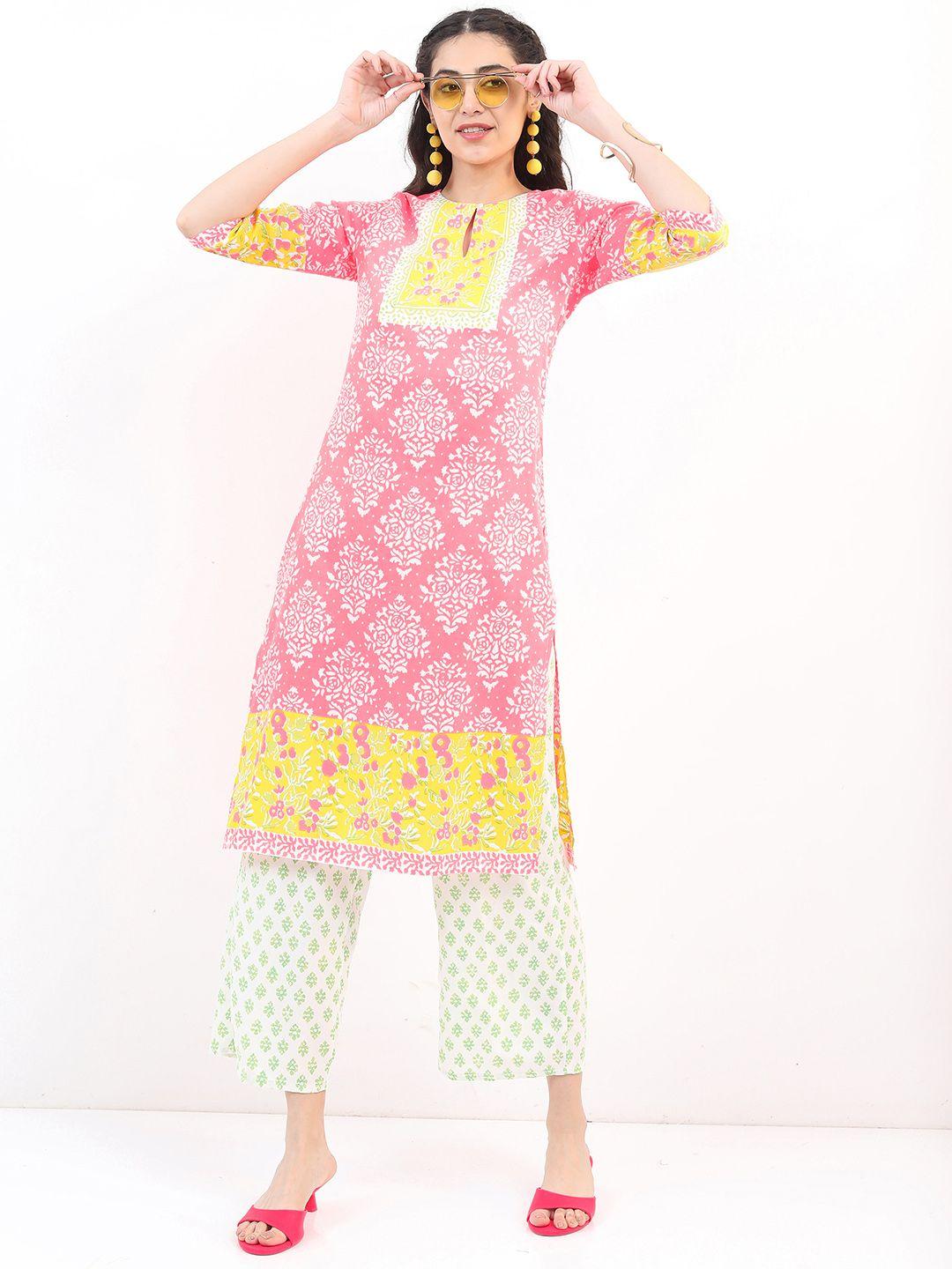 vishudh women pink ethnic motifs printed pure cotton kurta with palazzos