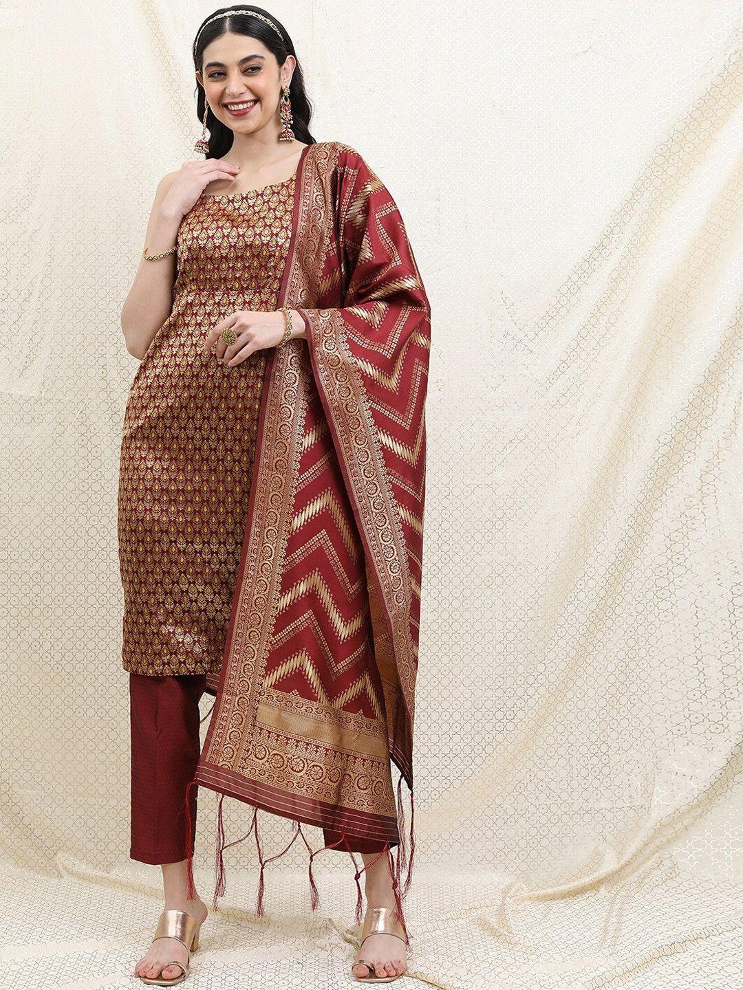 vishudh women poly brocade ethnic motifs printed sleeveless kurta with trousers & dupatta