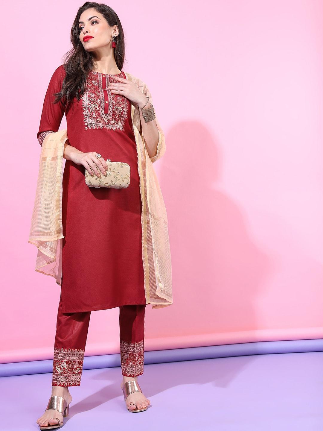 vishudh women red ethnic motifs yoke design kurta with trousers & with dupatta