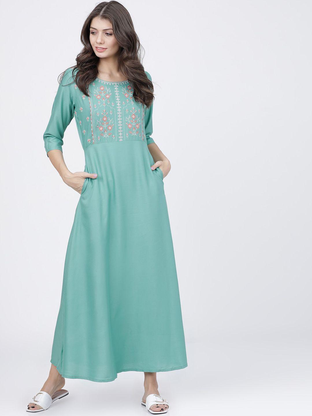 vishudh women sea green solid maxi dress