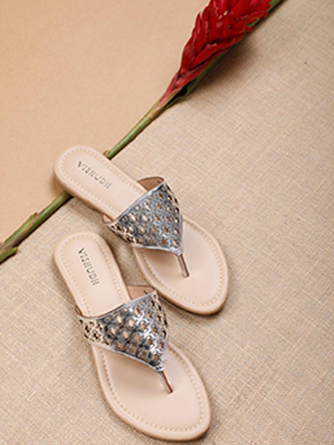 vishudh women silver-toned embellished open toe flats