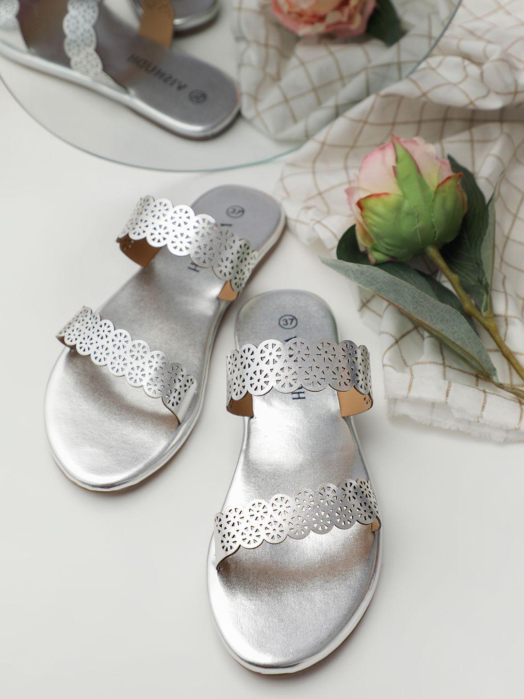 vishudh women silver-toned open toe flats with laser cuts