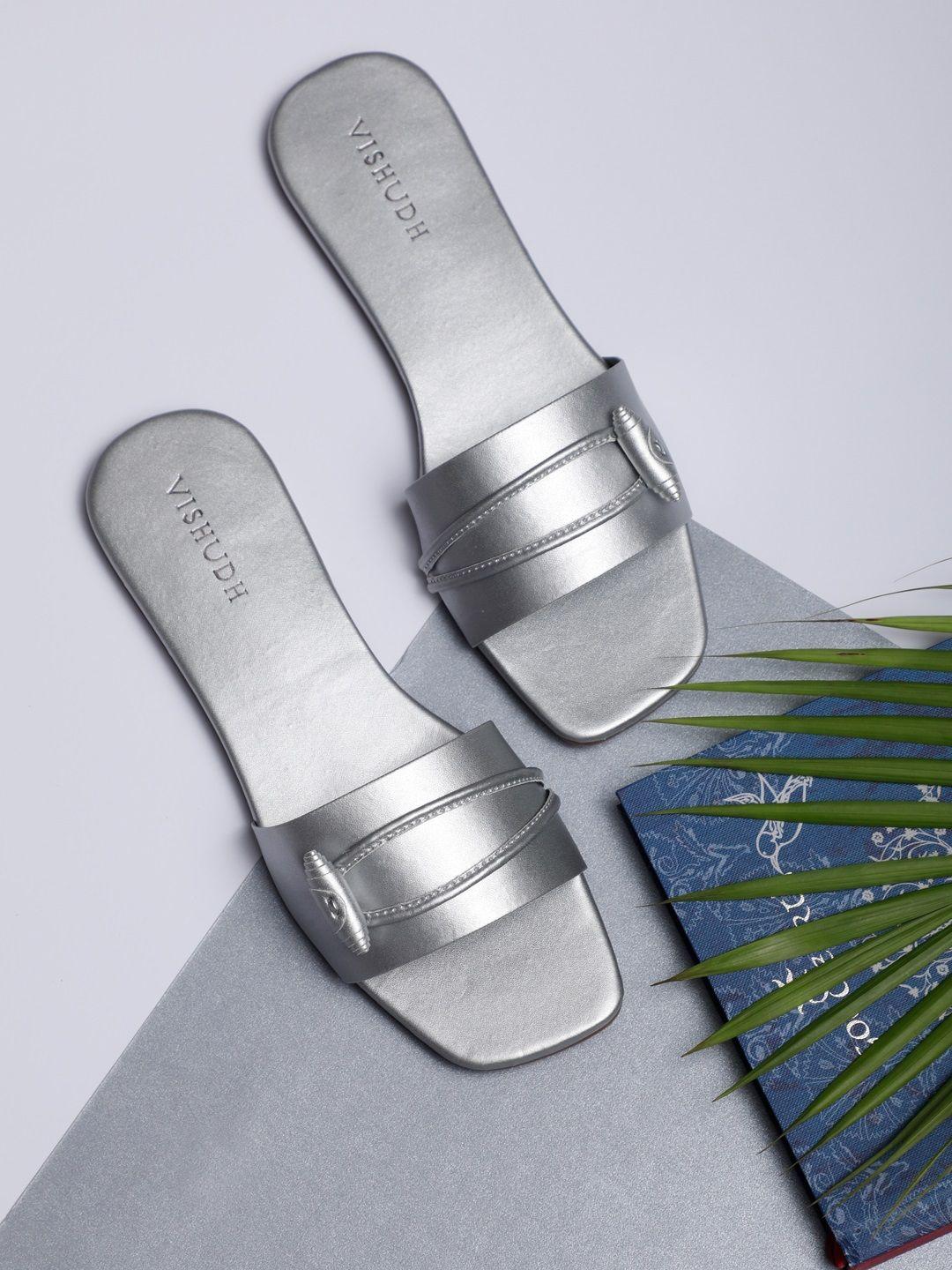 vishudh women silver-toned solid open toe flats