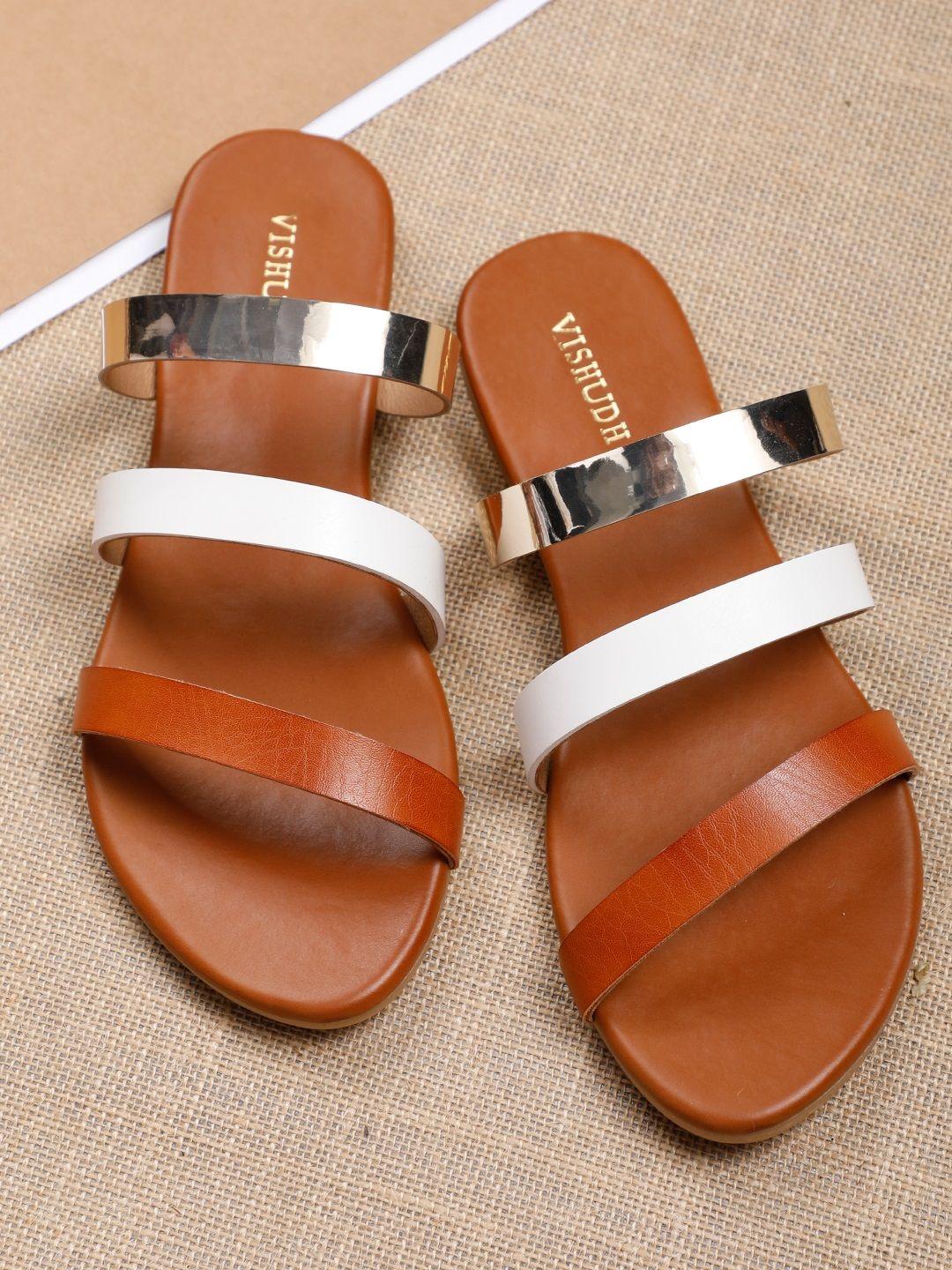 vishudh women tan brown & silver-toned colourblocked open toe flats