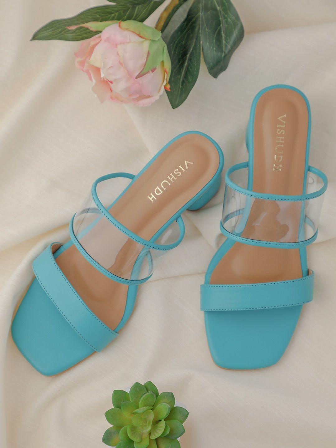 vishudh women teal blue solid block sandals