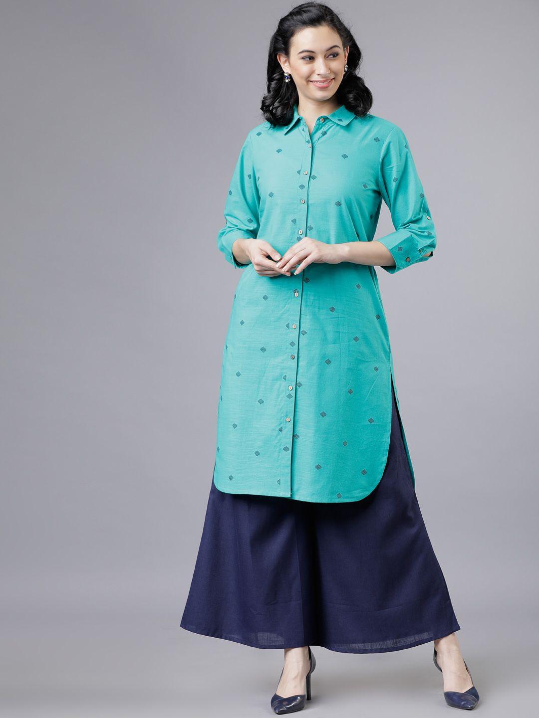 vishudh women turquoise blue & navy blue self designed straight kurta