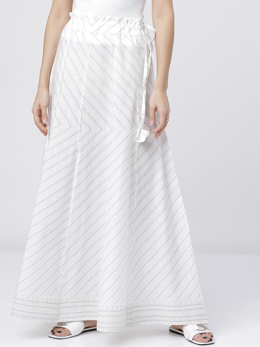 vishudh women white & grey striped cotton flared maxi skirt
