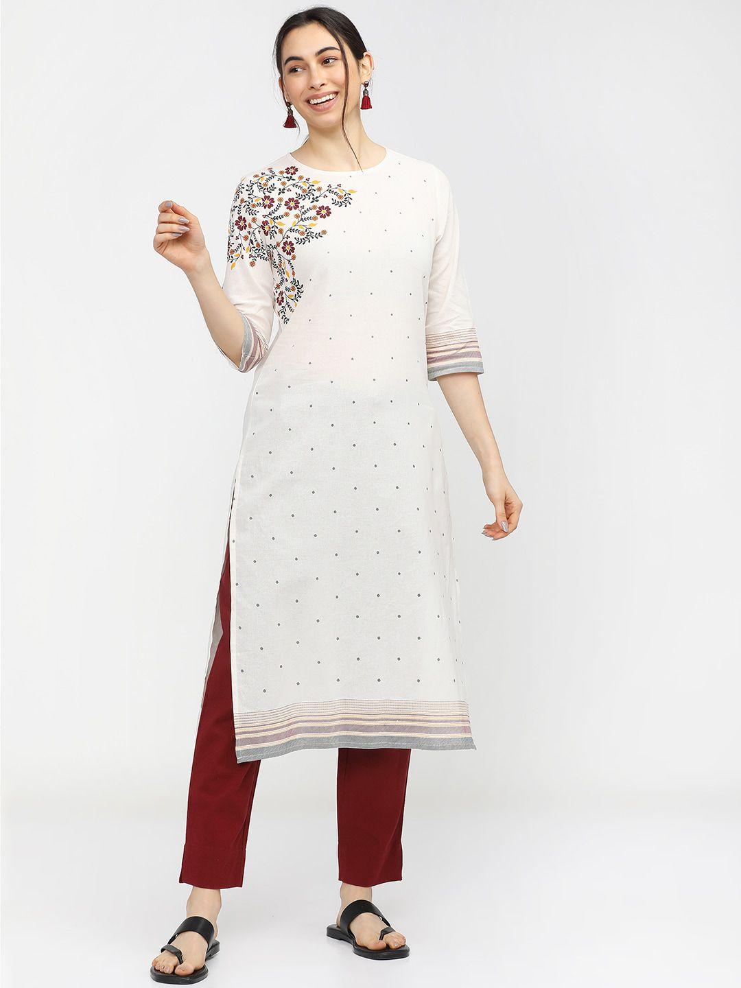 vishudh women white & maroon floral embroidered straight kurta