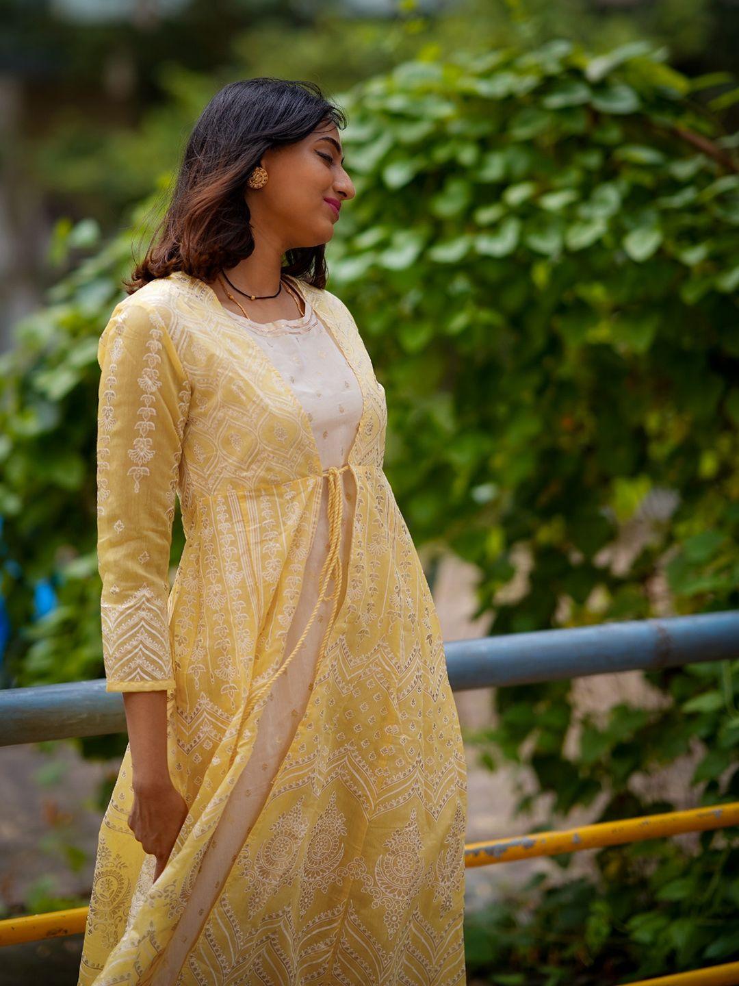 vishudh women yellow & off white ethnic motifs printed a-line kurta with jacket