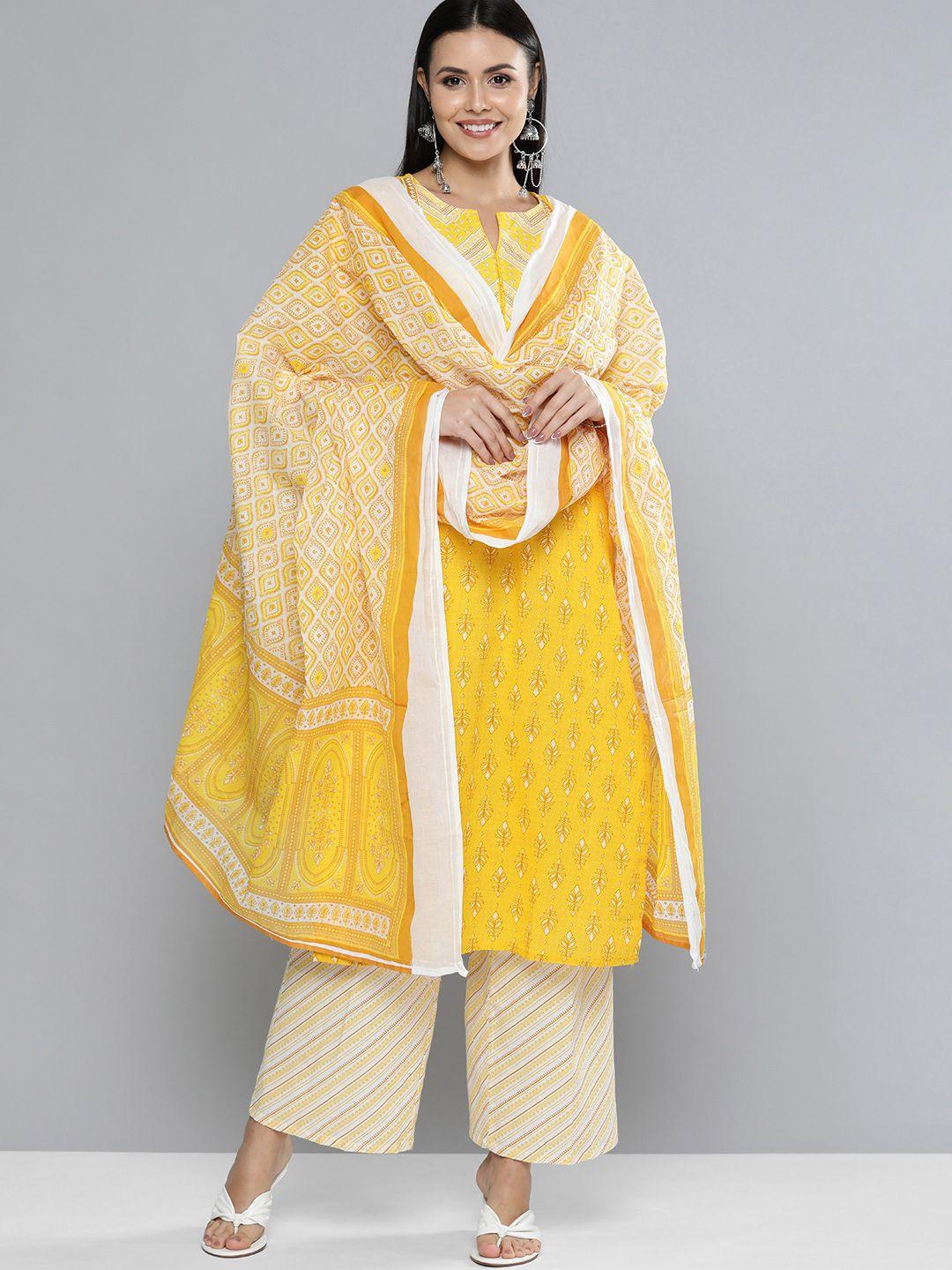 vishudh women yellow & off-white printed kurta with trousers & dupatta