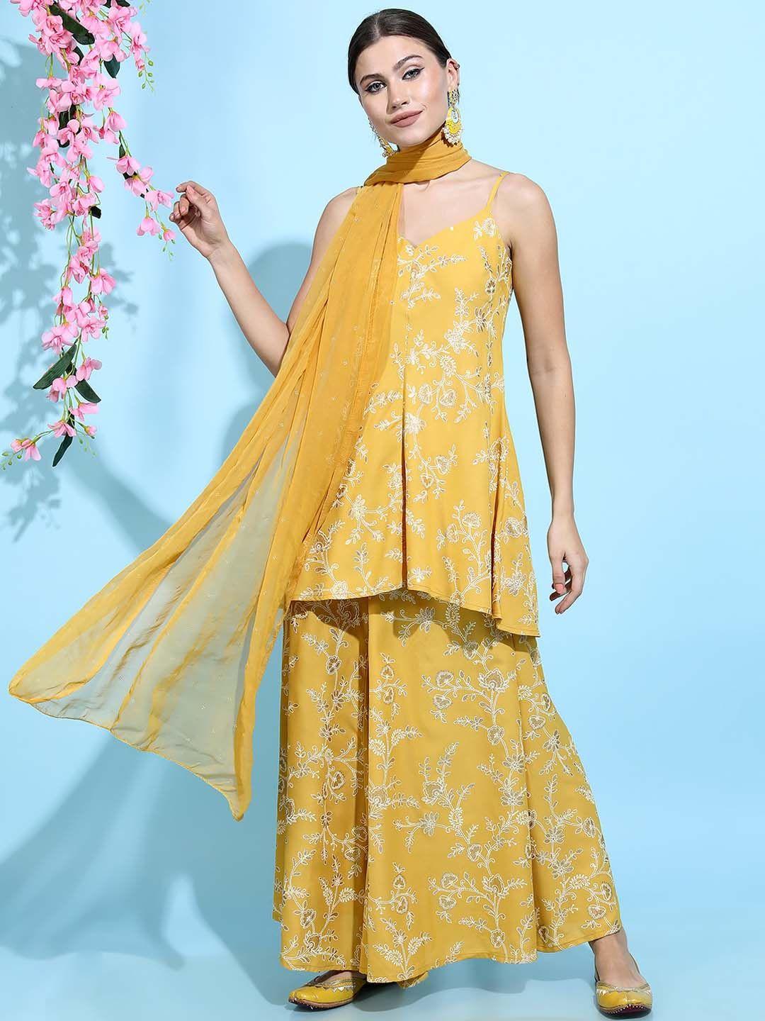 vishudh women yellow & white floral printed kurta with palazzo & dupatta
