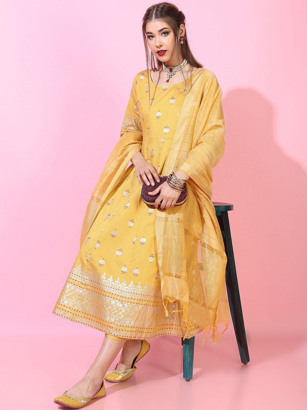 vishudh women yellow floral embroidered kurta with palazzos & with dupatta