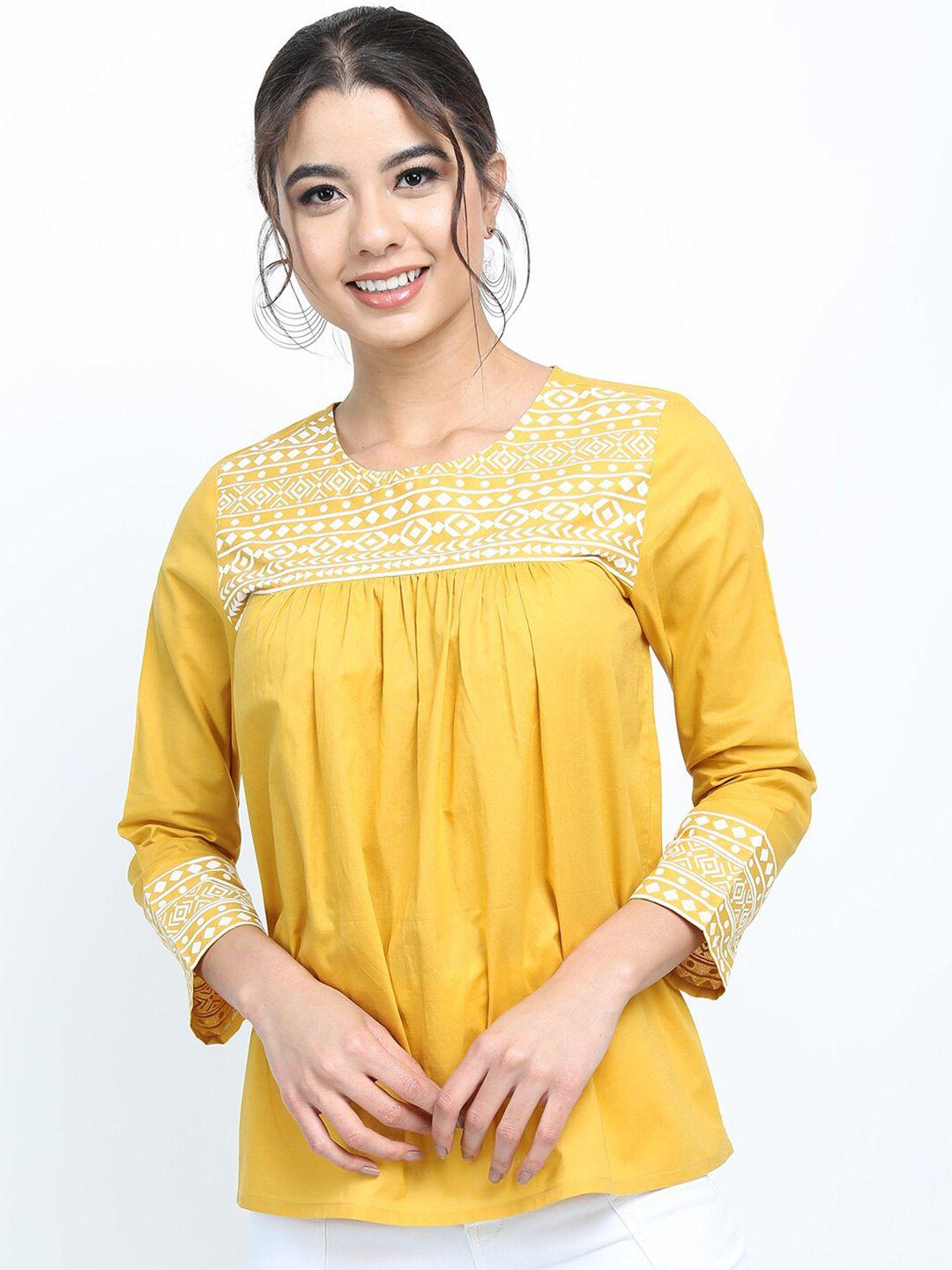 vishudh yellow & white floral embroidered top