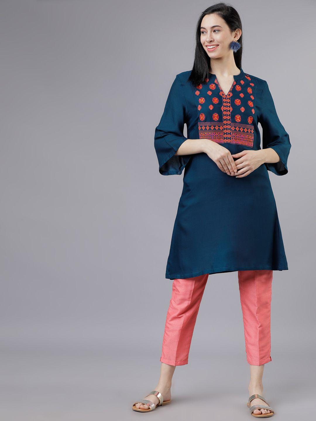 vishudh  teal embroidered a-line tunic