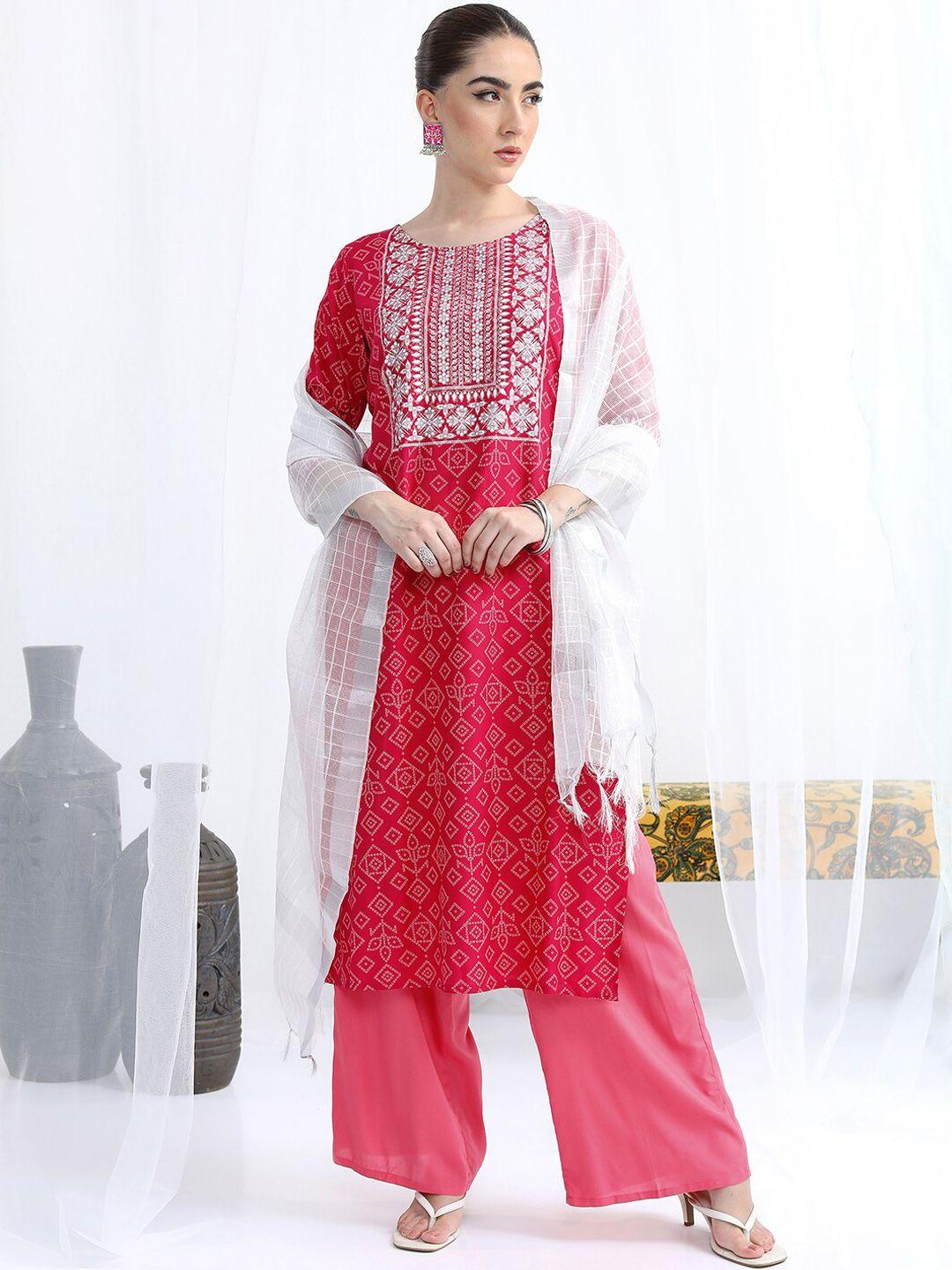 vishudh bandhani printed straight kurta with palazzos & dupatta