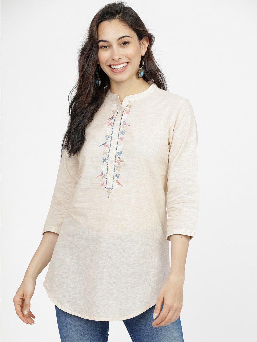 vishudh beige & blue mandarin collar embroidered tunic