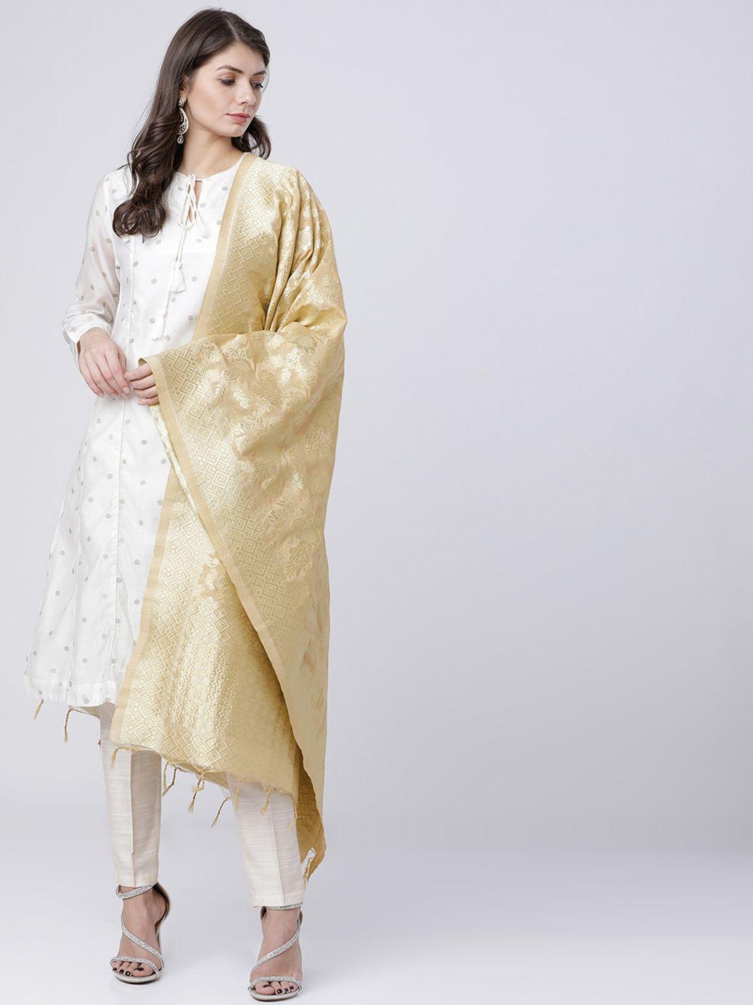 vishudh beige & gold-coloured woven design dupatta