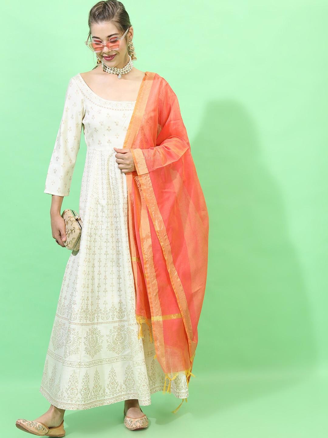 vishudh beige ethnic motifs ethnic a-line maxi dress with dupatta
