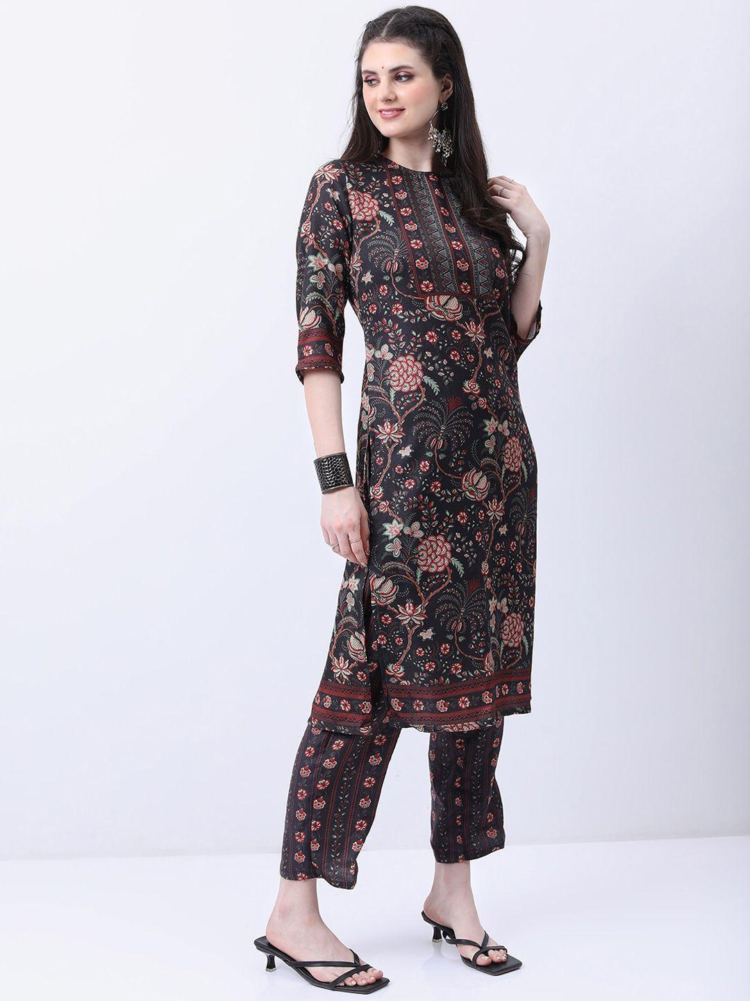 vishudh black & red floral printed straight kurta with palazzos