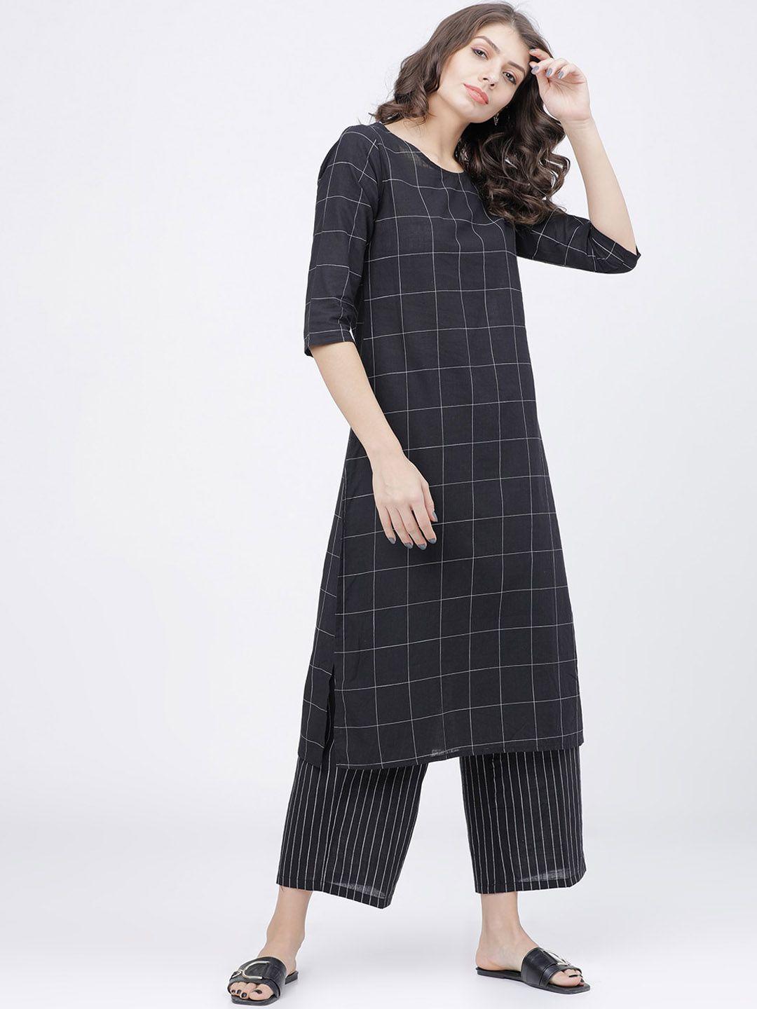 vishudh black & white checked straight regular pure cotton kurta with palazzos