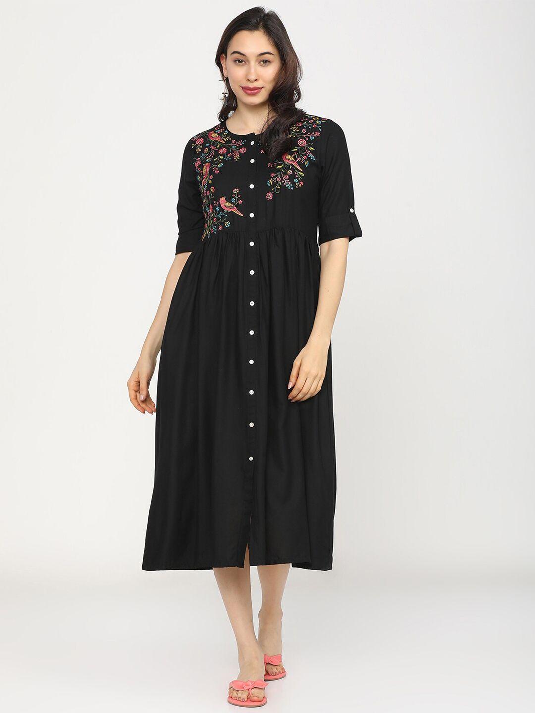 vishudh black embroidered ethnic a-line midi ethnic dress