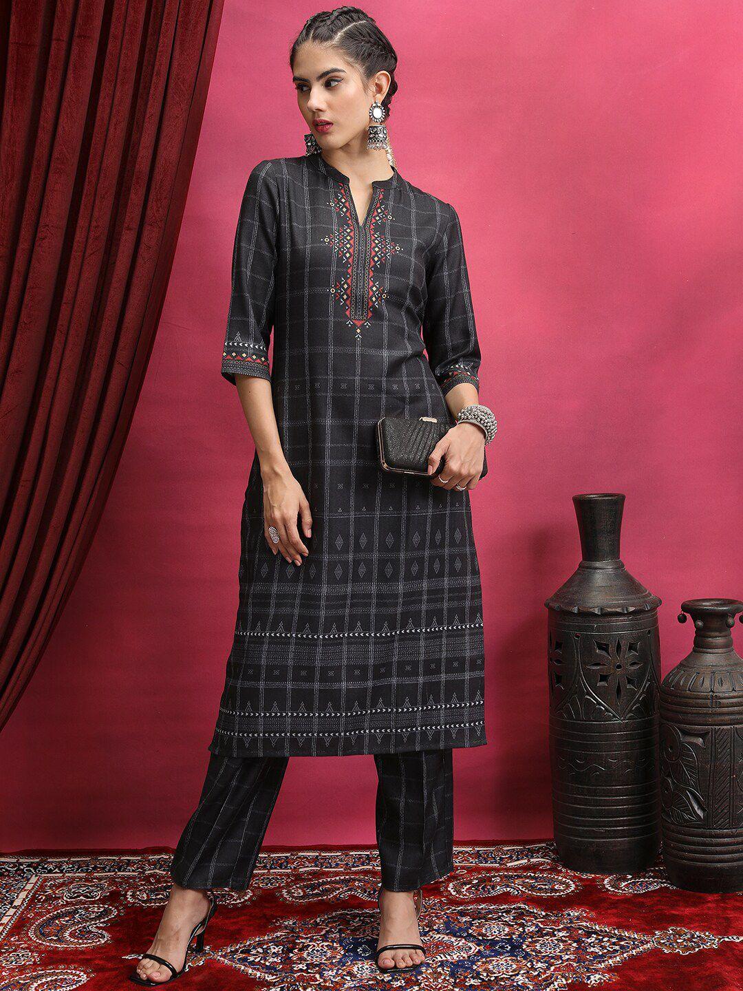 vishudh black ethnic motifs printed notch neck kurta with trouser