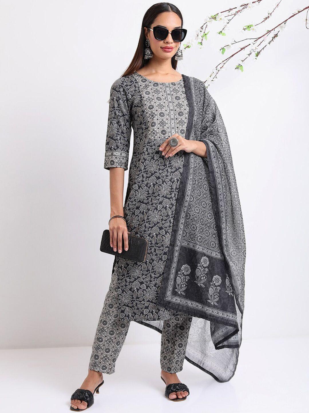 vishudh black ethnic motifs printed regular kurta with trousers & with dupatta