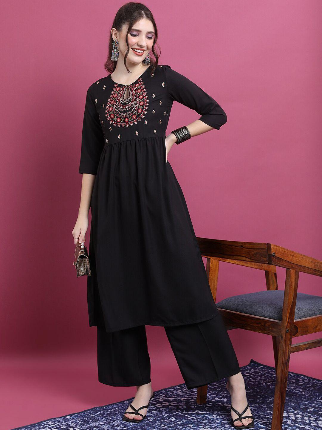 vishudh black floral embroidered kurta with palazzos